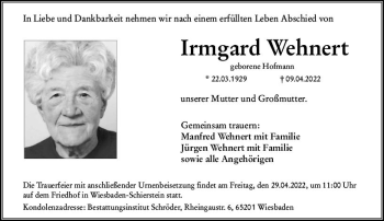 Traueranzeige von Irmgard Wehnert von vrm-trauer Wiesbadener Kurier