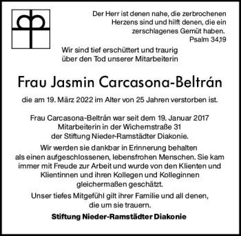 Traueranzeige von Jasmin Carcasona Beltran von vrm-trauer Darmstädter Echo