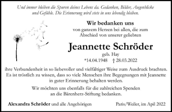 Traueranzeige von Jeannette Schröder von vrm-trauer Allgemeine  Zeitung Ingelheim-Bingen