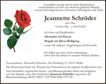 Traueranzeige von Jeannette Schröder von vrm-trauer Allgemeine  Zeitung Ingelheim-Bingen