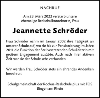 Traueranzeige von Jeannette Schröder von vrm-trauer Allgemeine  Zeitung Ingelheim-Bingen