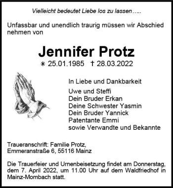 Traueranzeige von Jennifer Protz von vrm-trauer AZ Mainz