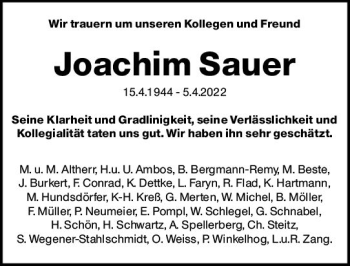 Traueranzeige von Joachim Sauer von vrm-trauer Wiesbadener Kurier