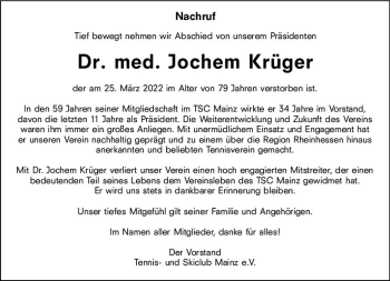 Traueranzeige von Jochem Krüger von vrm-trauer AZ Mainz