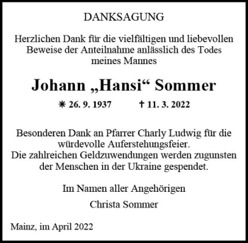 Traueranzeige von Johann Sommer von vrm-trauer AZ Mainz