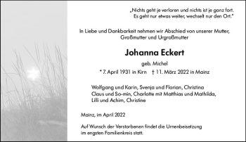 Traueranzeige von Johanna Eckert von vrm-trauer AZ Mainz