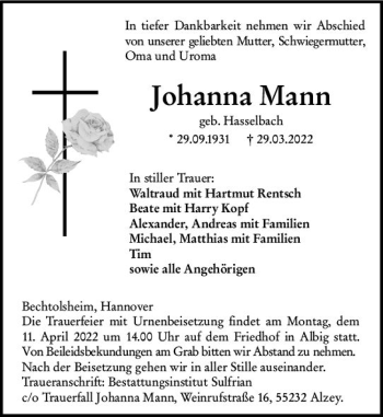 Traueranzeige von Johanna Mann von vrm-trauer Allgemeine Zeitung Alzey