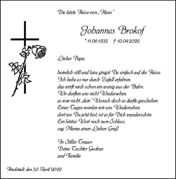 Traueranzeige von Johannes Brokof von vrm-trauer Groß-Gerauer Echo