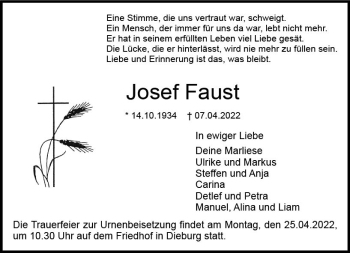 Traueranzeige von Josef Faust von vrm-trauer DieburgerAnzeiger/Groß-Zimmerner Lokala