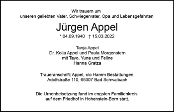 Traueranzeige von Jürgen Appel von vrm-trauer WK-UTA