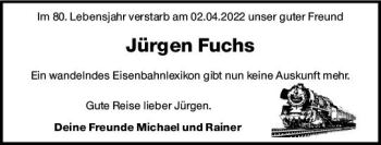 Traueranzeige von Jürgen Fuchs von vrm-trauer Wiesbadener Kurier