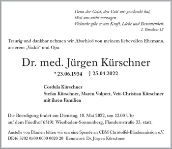 Traueranzeige von Jürgen Kürschner von vrm-trauer Wiesbadener Kurier