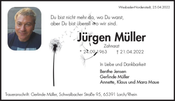 Traueranzeige von Jürgen Müller von vrm-trauer Wiesbadener Kurier