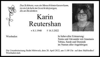 Traueranzeige von Karin Reutershan von vrm-trauer Wiesbadener Kurier