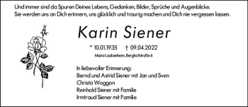 Traueranzeige von Karin Siener von vrm-trauer AZ Mainz