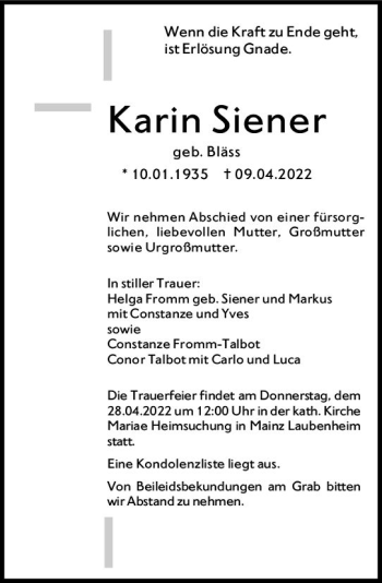 Traueranzeige von Karin Siener von vrm-trauer AZ Mainz