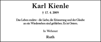 Traueranzeige von Karl Kienle von vrm-trauer Wiesbadener Kurier