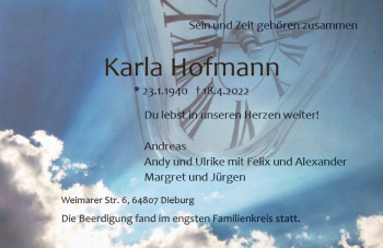 Traueranzeige von Karla Hofmann von vrm-trauer DieburgerAnzeiger/Groß-Zimmerner Lokala