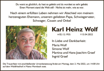 Traueranzeige von Karl Heinz Wolf von vrm-trauer AZ Mainz