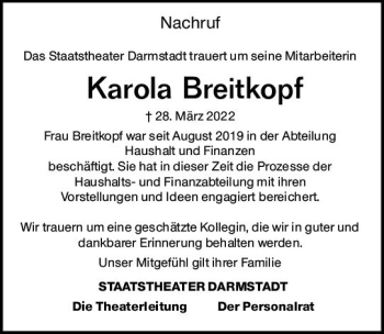 Traueranzeige von Karola Breitkopf von vrm-trauer Darmstädter Echo