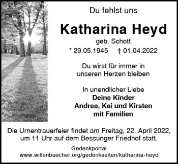 Traueranzeige von Katharina Heyd von vrm-trauer Darmstädter Echo