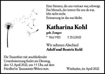 Traueranzeige von Katharina Kohl von vrm-trauer Wiesbadener Kurier