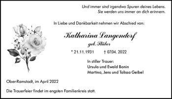 Traueranzeige von Katharina Langendorf von vrm-trauer Darmstädter Echo