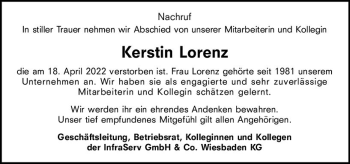 Traueranzeige von Kerstin Lorenz von vrm-trauer Wiesbadener Kurier