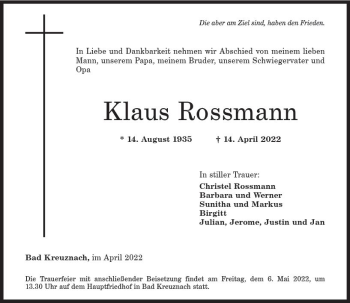 Traueranzeige von Klaus Rossmann von vrm-trauer Allg. Zeitung Bad Kreuznach