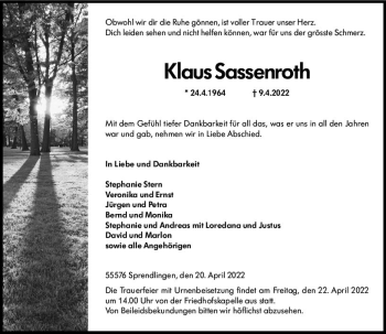 Traueranzeige von Klaus Sassenroth von vrm-trauer Allg. Zeitung Bad Kreuznach