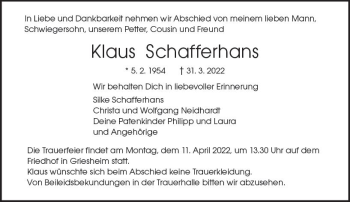 Traueranzeige von Klaus Schafferhans von vrm-trauer Darmstädter Echo
