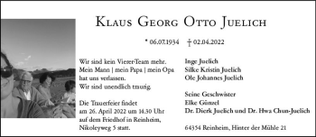 Traueranzeige von Klaus Georg Otto Juelich von vrm-trauer Darmstädter Echo