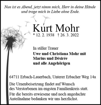 Traueranzeige von Kurt Mohr von vrm-trauer Odenwälder Echo