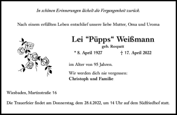 Traueranzeige von Lei Weißmann von vrm-trauer Wiesbadener Kurier