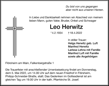 Traueranzeige von Leo Herwitz von vrm-trauer Hochheimer Zeitung