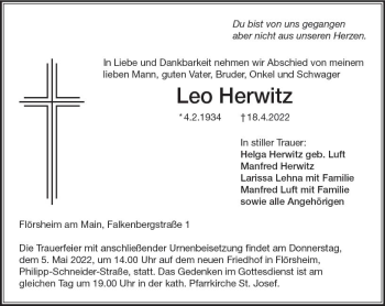 Traueranzeige von Leo Herwitz von vrm-trauer Rüsselsheimer Echo / MainSpitze