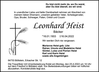 Traueranzeige von Leonhard Heist von vrm-trauer Odenwälder Echo