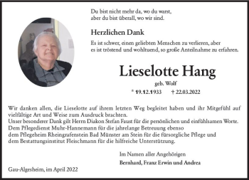 Traueranzeige von Lieselotte Hang von vrm-trauer Allgemeine  Zeitung Ingelheim-Bingen