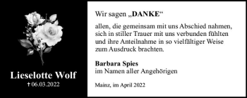 Traueranzeige von Lieselotte Wolf von vrm-trauer AZ Mainz