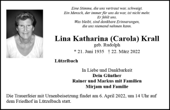 Traueranzeige von Lina Katharina Krall von vrm-trauer Odenwälder Echo