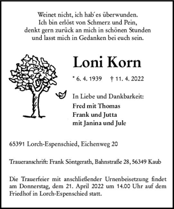 Traueranzeige von Loni Korn von vrm-trauer Rheingau