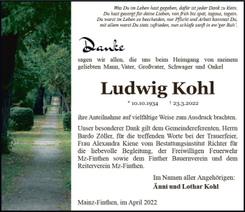 Traueranzeige von Ludwig Kohl von vrm-trauer AZ Mainz