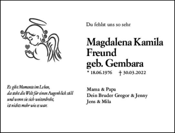 Traueranzeige von Magdalena Kamila Freund von vrm-trauer Darmstädter Echo
