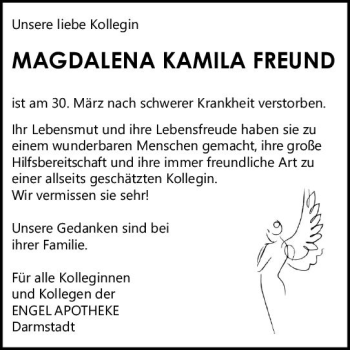 Traueranzeige von Magdalena Kamila Freund von vrm-trauer Darmstädter Echo