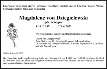 Traueranzeige von Magdalene von Dziegielewski von vrm-trauer AZ Mainz