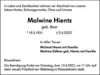 Traueranzeige von Malwine Hientz von vrm-trauer Rüsselsheimer Echo / MainSpitze