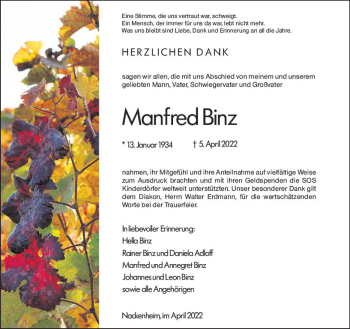Traueranzeige von Manfred Binz von vrm-trauer AZ Mainz