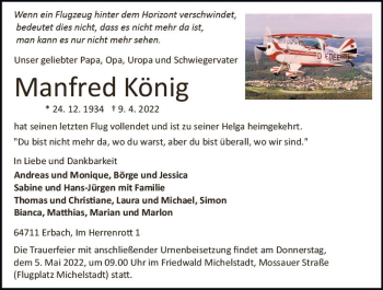 Traueranzeige von Manfred König von vrm-trauer Odenwälder Echo