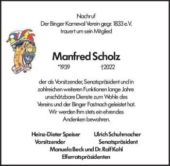 Traueranzeige von Manfred Scholz von vrm-trauer Allgemeine  Zeitung Ingelheim-Bingen