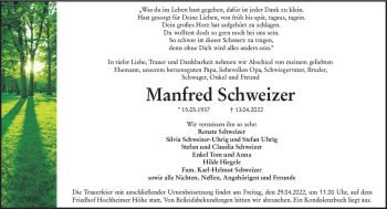 Traueranzeige von Manfred Schweizer von vrm-trauer Wormser Zeitung